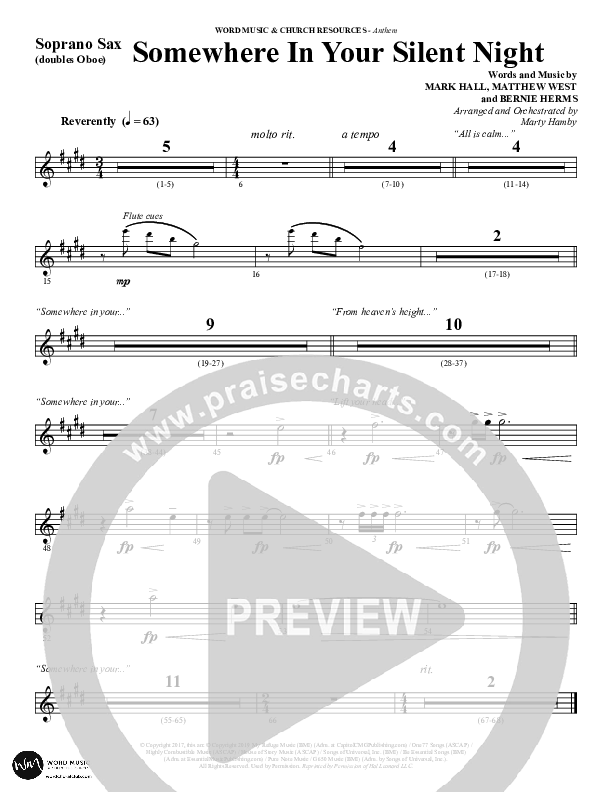 Somewhere In Your Silent Night (Choral Anthem SATB) Soprano Sax (Word Music Choral / Arr. Marty Hamby)