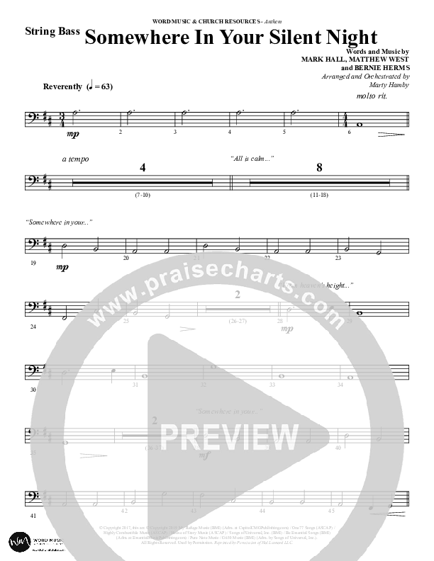 Somewhere In Your Silent Night (Choral Anthem SATB) String Bass (Word Music Choral / Arr. Marty Hamby)