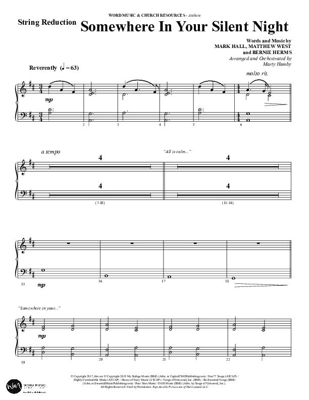 Somewhere In Your Silent Night (Choral Anthem SATB) String Reduction (Word Music Choral / Arr. Marty Hamby)