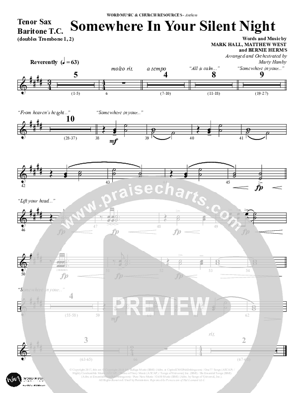 Somewhere In Your Silent Night (Choral Anthem SATB) Tenor Sax/Baritone T.C. (Word Music Choral / Arr. Marty Hamby)