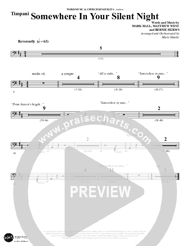 Somewhere In Your Silent Night (Choral Anthem SATB) Timpani (Word Music Choral / Arr. Marty Hamby)