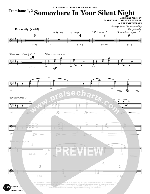 Somewhere In Your Silent Night (Choral Anthem SATB) Trombone 1/2 (Word Music Choral / Arr. Marty Hamby)