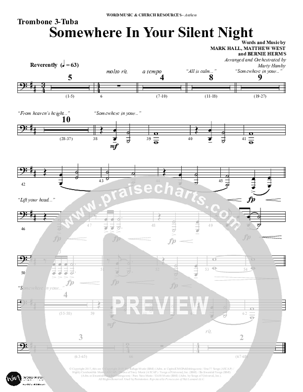 Somewhere In Your Silent Night (Choral Anthem SATB) Trombone 3/Tuba (Word Music Choral / Arr. Marty Hamby)