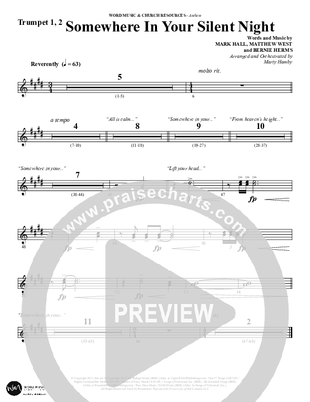 Somewhere In Your Silent Night (Choral Anthem SATB) Trumpet 1,2 (Word Music Choral / Arr. Marty Hamby)