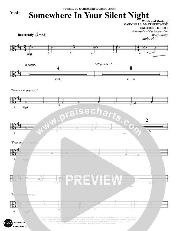 Somewhere In Your Silent Night (Choral Anthem SATB) Viola (Word Music Choral / Arr. Marty Hamby)