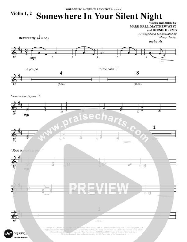 Somewhere In Your Silent Night (Choral Anthem SATB) Violin 1/2 (Word Music Choral / Arr. Marty Hamby)