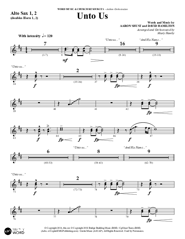 Unto Us (Choral Anthem SATB) Alto Sax 1/2 (Word Music Choral / Arr. David Hamilton)