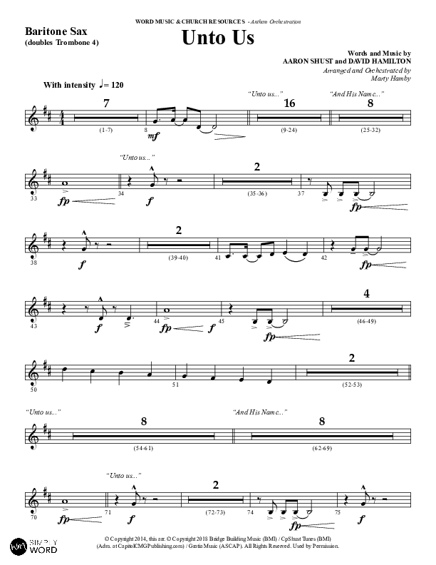 Unto Us (Choral Anthem SATB) Bari Sax (Word Music Choral / Arr. David Hamilton)