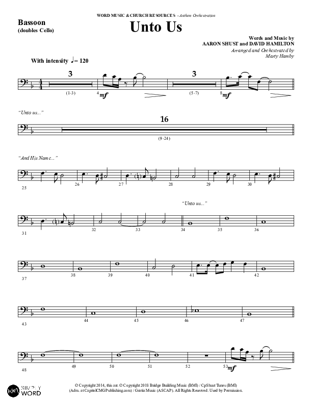 Unto Us (Choral Anthem SATB) Bassoon (Word Music Choral / Arr. David Hamilton)