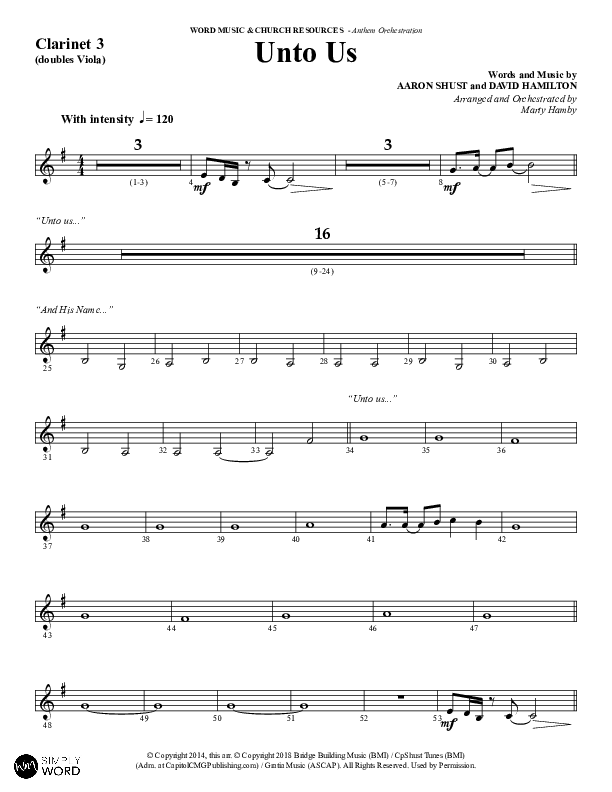 Unto Us (Choral Anthem SATB) Clarinet 3 (Word Music Choral / Arr. David Hamilton)