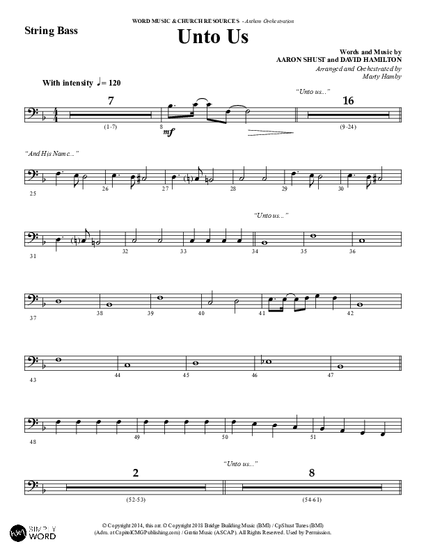 Unto Us (Choral Anthem SATB) String Bass (Word Music Choral / Arr. David Hamilton)