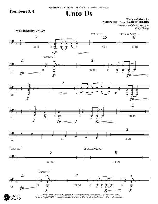 Unto Us (Choral Anthem SATB) Trombone 3/4 (Word Music Choral / Arr. David Hamilton)