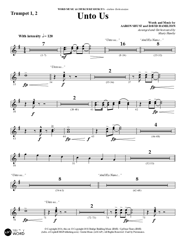 Unto Us (Choral Anthem SATB) Trumpet 1,2 (Word Music Choral / Arr. David Hamilton)
