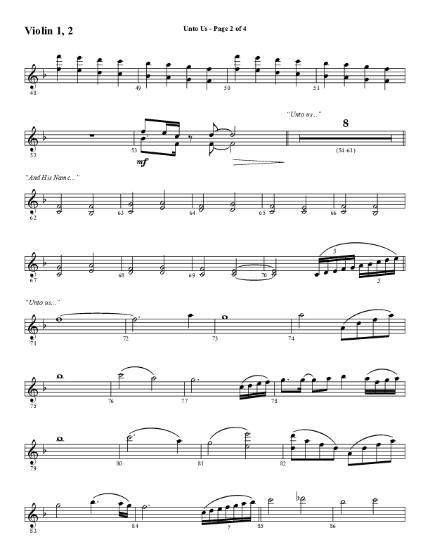 Unto Us (Choral Anthem SATB) Violin 1/2 (Word Music Choral / Arr. David Hamilton)