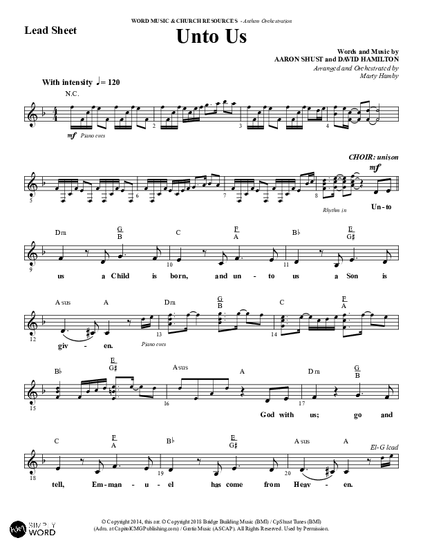 Unto Us (Choral Anthem SATB) Lead Sheet (Melody) (Word Music Choral / Arr. David Hamilton)