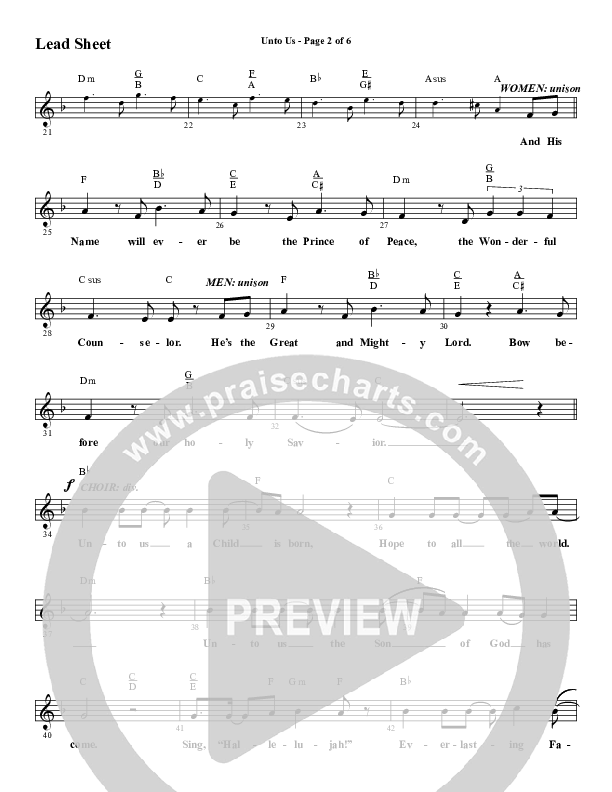 Unto Us (Choral Anthem SATB) Lead Sheet (Melody) (Word Music Choral / Arr. David Hamilton)
