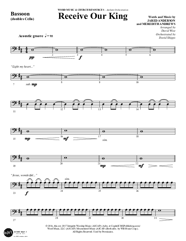 Receive Our King (Choral Anthem SATB) Bassoon (Word Music Choral / Arr. David Wise / Orch. David Shipps)