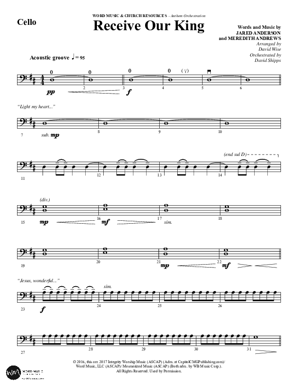 Receive Our King (Choral Anthem SATB) Cello (Word Music Choral / Arr. David Wise / Orch. David Shipps)
