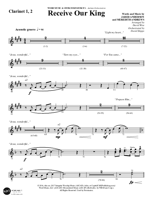 Receive Our King (Choral Anthem SATB) Clarinet 1/2 (Word Music Choral / Arr. David Wise / Orch. David Shipps)