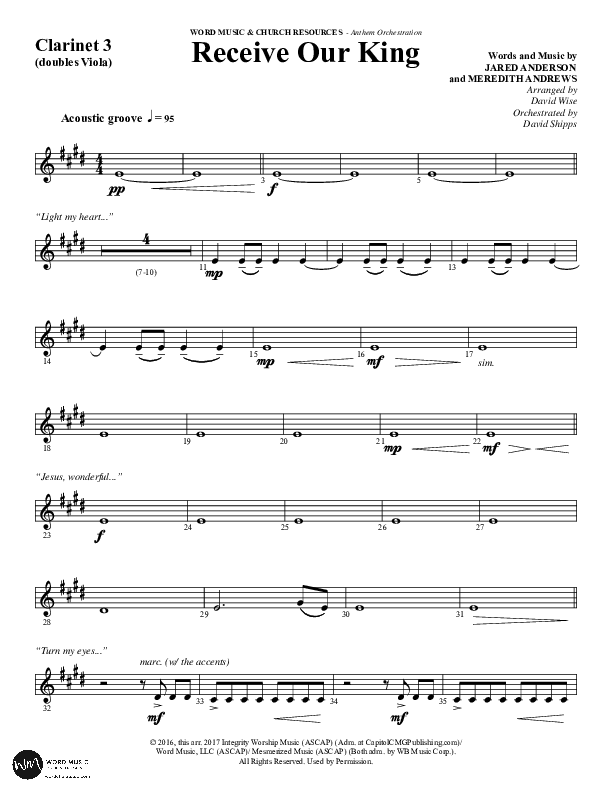 Receive Our King (Choral Anthem SATB) Clarinet 3 (Word Music Choral / Arr. David Wise / Orch. David Shipps)