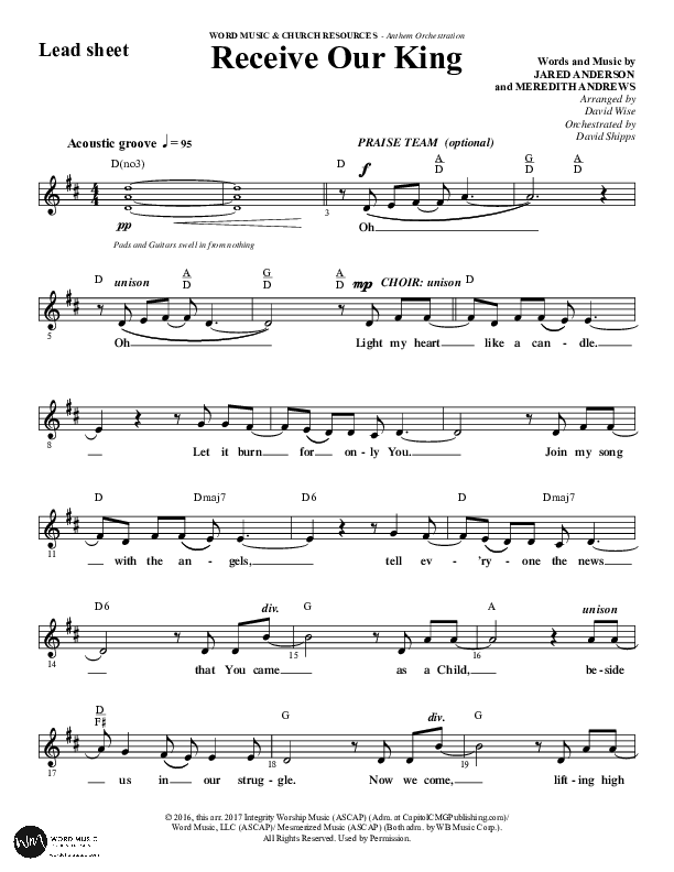 Receive Our King (Choral Anthem SATB) Lead Sheet (Melody) (Word Music Choral / Arr. David Wise / Orch. David Shipps)