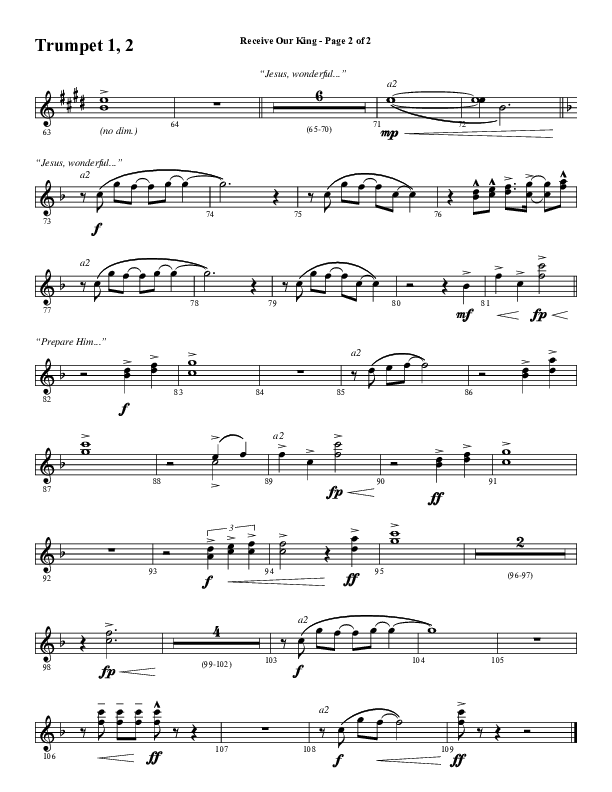 Receive Our King (Choral Anthem SATB) Trumpet 1,2 (Word Music Choral / Arr. David Wise / Orch. David Shipps)
