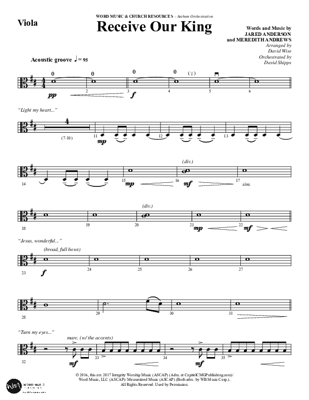 Receive Our King (Choral Anthem SATB) Viola (Word Music Choral / Arr. David Wise / Orch. David Shipps)