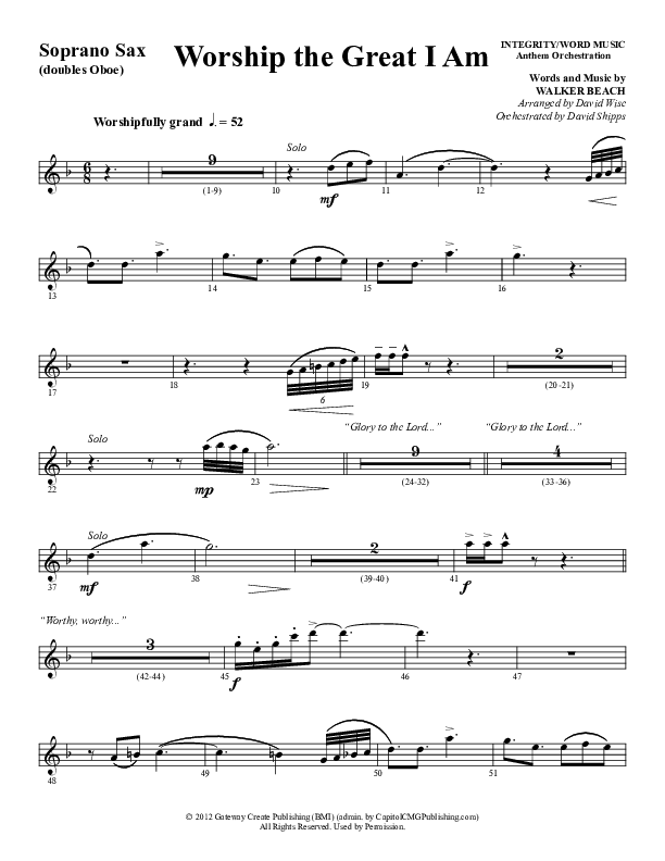 Worship The Great I Am (Choral Anthem SATB) Soprano Sax (Word Music Choral / Arr. David Wise / Arr. David Shipps)