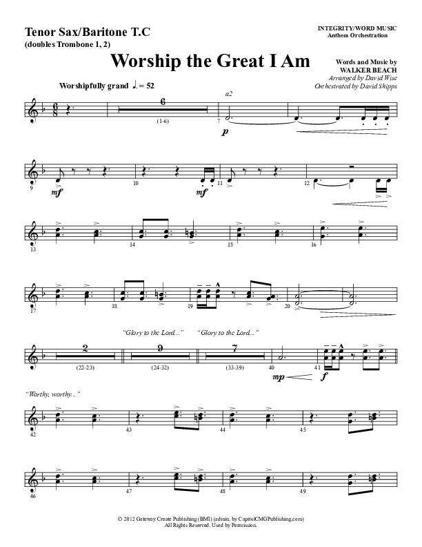 Worship The Great I Am (Choral Anthem SATB) Tenor Sax/Baritone T.C. (Word Music Choral / Arr. David Wise / Arr. David Shipps)