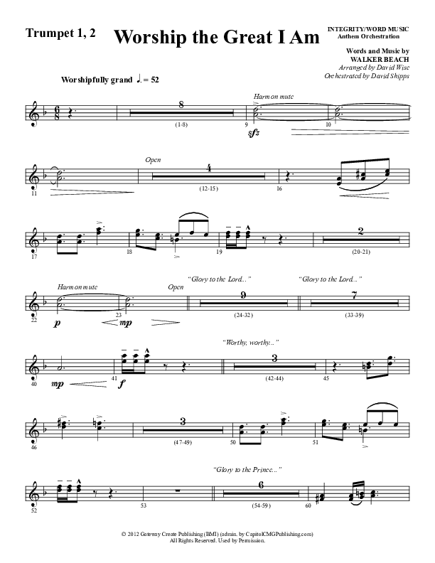 Worship The Great I Am (Choral Anthem SATB) Trumpet 1,2 (Word Music Choral / Arr. David Wise / Arr. David Shipps)