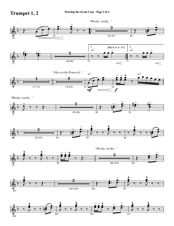 Worship The Great I Am (Choral Anthem SATB) Trumpet 1,2 (Word Music Choral / Arr. David Wise / Arr. David Shipps)