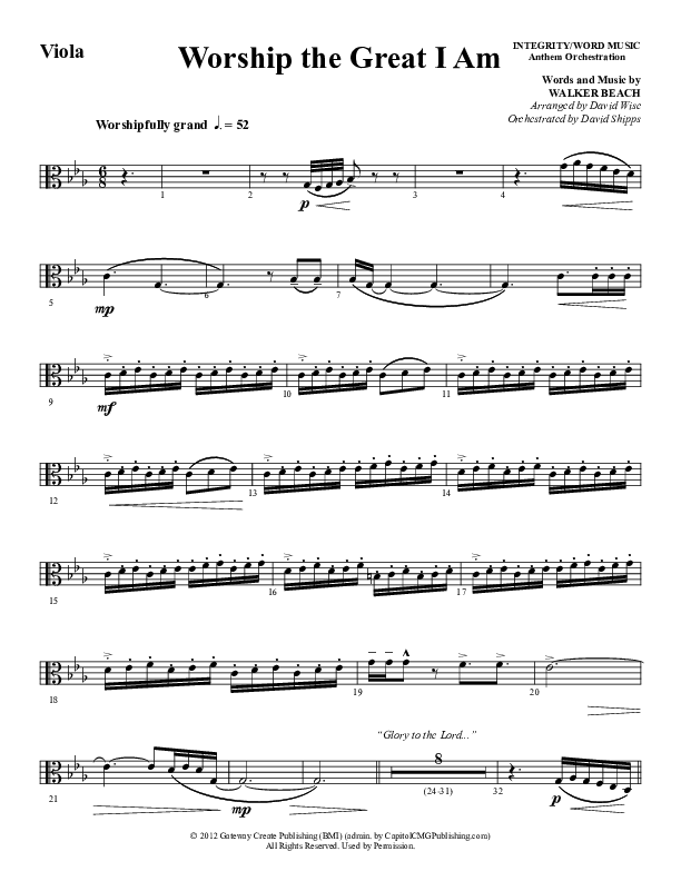 Worship The Great I Am (Choral Anthem SATB) Viola (Word Music Choral / Arr. David Wise / Arr. David Shipps)