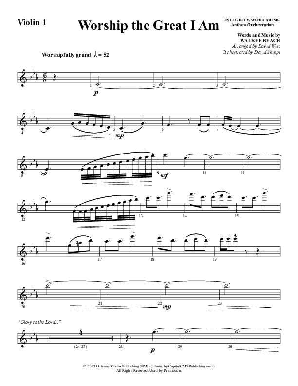 Worship The Great I Am (Choral Anthem SATB) Violin 1 (Word Music Choral / Arr. David Wise / Arr. David Shipps)