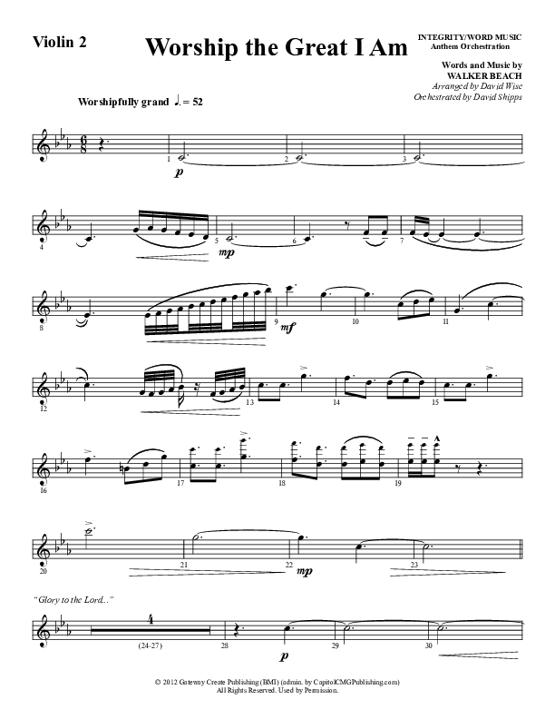Worship The Great I Am (Choral Anthem SATB) Violin 2 (Word Music Choral / Arr. David Wise / Arr. David Shipps)