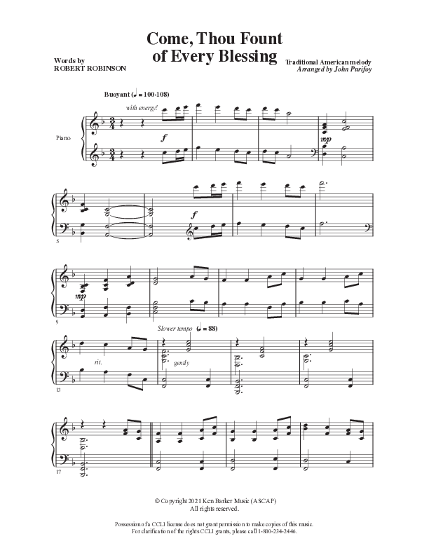 Come Thou Fount Of Every Blessing Piano Sheet (Ken Barker)