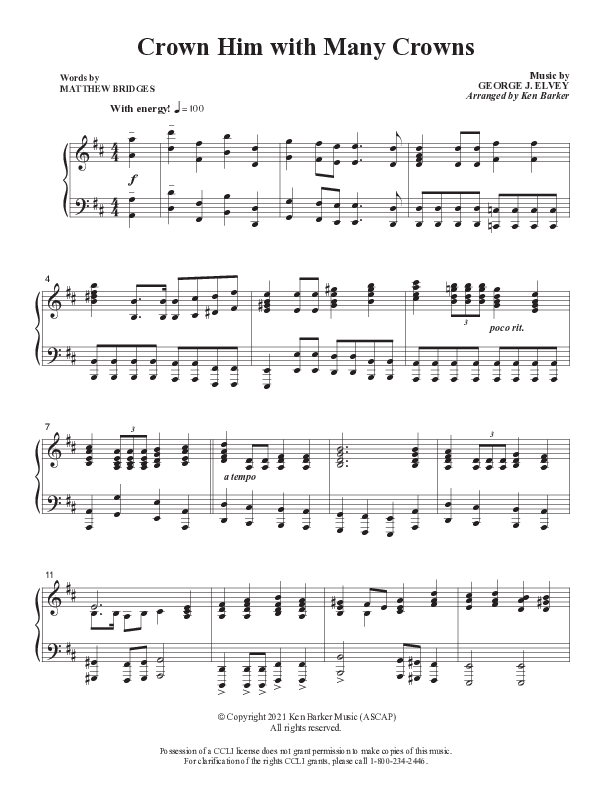 Crown Him With Many Crowns Piano Sheet (Ken Barker)