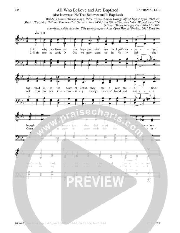All Who Believe and Are Baptized Hymn Sheet (SATB) (Traditional Hymn)