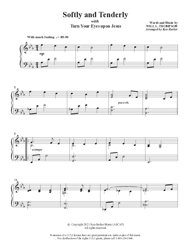 Softly And Tenderly with Turn Your Eyes Upon Jesus Piano Sheet (Ken Barker)