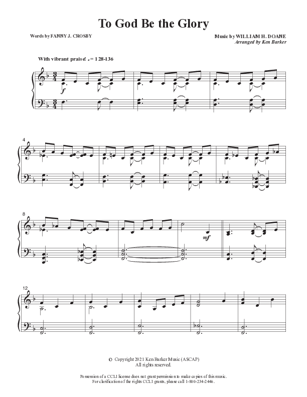 To God Be The Glory Piano Sheet (Ken Barker)