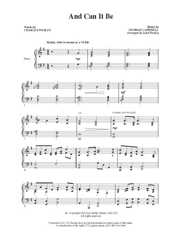 And Can It Be  Piano Sheet (Ken Barker)