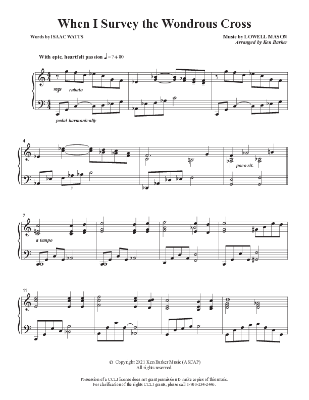 When I Survey The Wondrous Cross  Piano Sheet (Ken Barker)