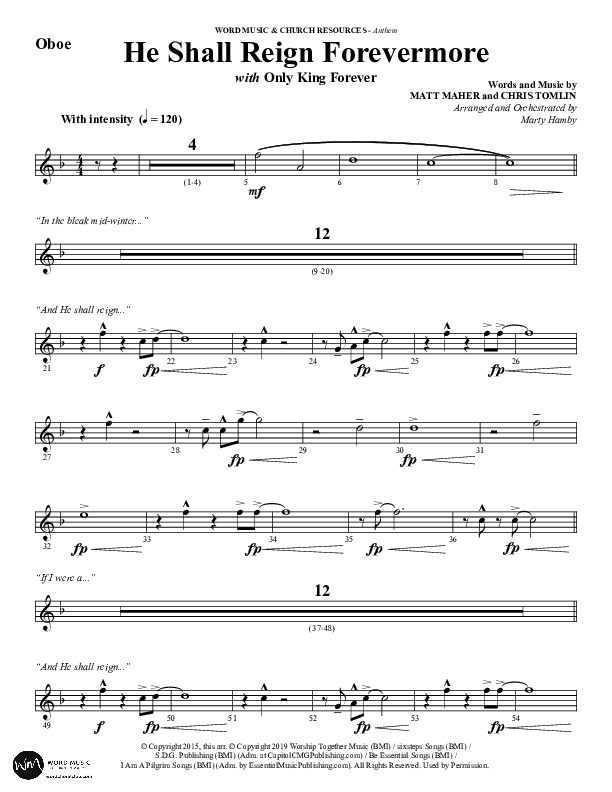 He Shall Reign Forevermore with Only King Forever (Choral Anthem SATB) Oboe (Word Music Choral / Arr. Marty Hamby)