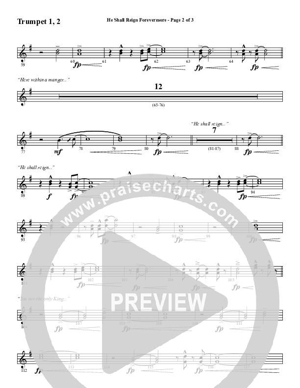 He Shall Reign Forevermore with Only King Forever (Choral Anthem SATB) Trumpet 1,2 (Word Music Choral / Arr. Marty Hamby)
