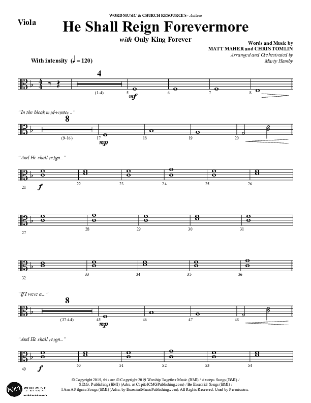 He Shall Reign Forevermore with Only King Forever (Choral Anthem SATB) Viola (Word Music Choral / Arr. Marty Hamby)