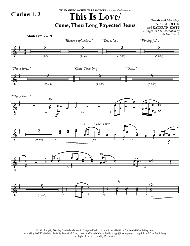 This Is Love (with Come Thou Long Expected Jesus) (Choral Anthem SATB) Clarinet 1/2 (Word Music Choral / Arr. Joshua Spacht)