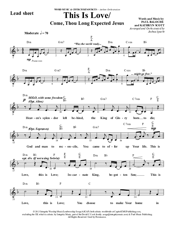 This Is Love (with Come Thou Long Expected Jesus) (Choral Anthem SATB) Lead Sheet (Melody) (Word Music Choral / Arr. Joshua Spacht)