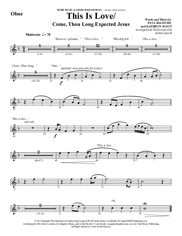 This Is Love (with Come Thou Long Expected Jesus) (Choral Anthem SATB) Oboe (Word Music Choral / Arr. Joshua Spacht)
