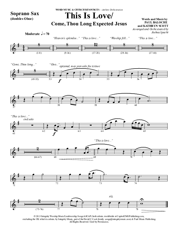 This Is Love (with Come Thou Long Expected Jesus) (Choral Anthem SATB) Soprano Sax (Word Music Choral / Arr. Joshua Spacht)