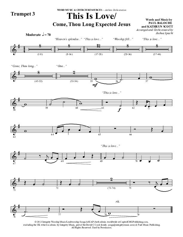 This Is Love (with Come Thou Long Expected Jesus) (Choral Anthem SATB) Trumpet 3 (Word Music Choral / Arr. Joshua Spacht)