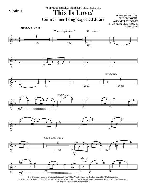 This Is Love (with Come Thou Long Expected Jesus) (Choral Anthem SATB) Violin 1 (Word Music Choral / Arr. Joshua Spacht)